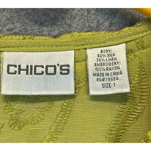 CHICO’S Silk Linen Jacket Size 1 (8/M) Chartreuse Embroidered Open Front Green - Picture 4 of 11